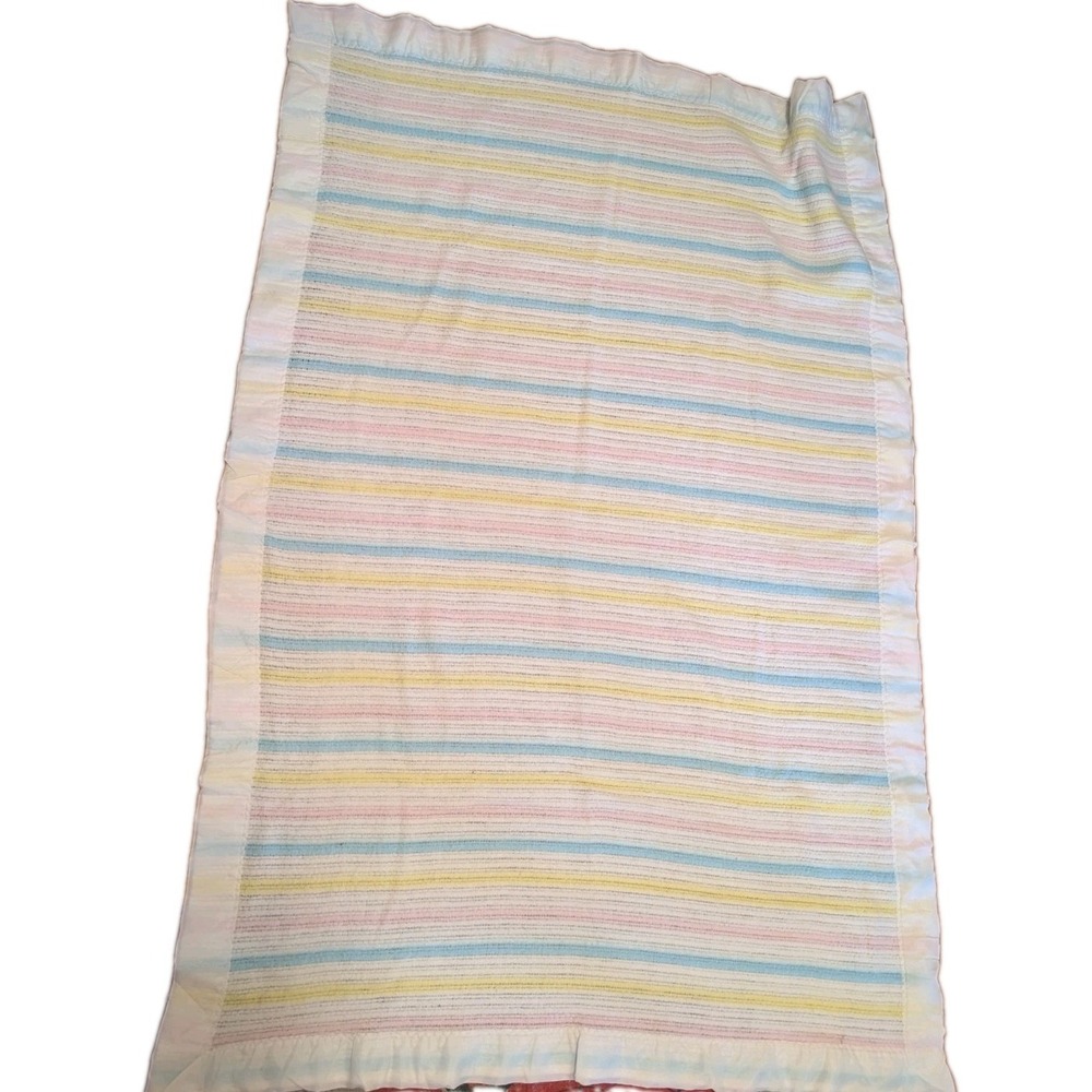 Vintage Pastel Striped Baby Crib Blanket Silk Satin Trim Pink Blue Yellow 36x49